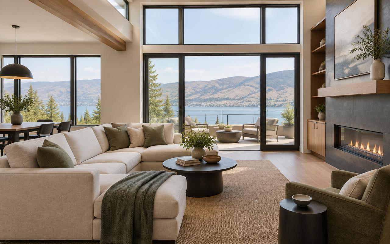 Modern Okanagan living room overlooking the lake and hills
